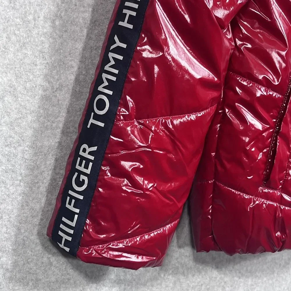 Tommy Hilfiger Girls Puffer Jacket 12/14‎ Lg Red High Shine Chevron Scarlet Logo